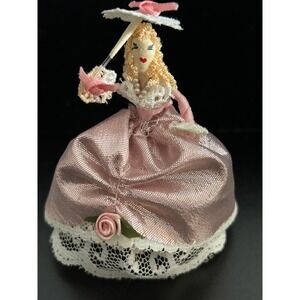 Victorian Lady Doll Pink Vintage Lace Parasol Rose Gown Collectible Handmade